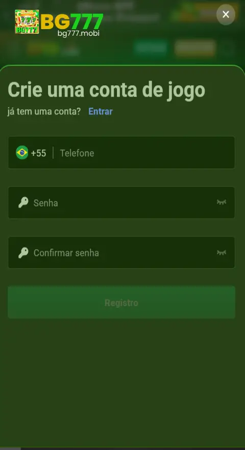 Página de cadastro do BG777 cassino